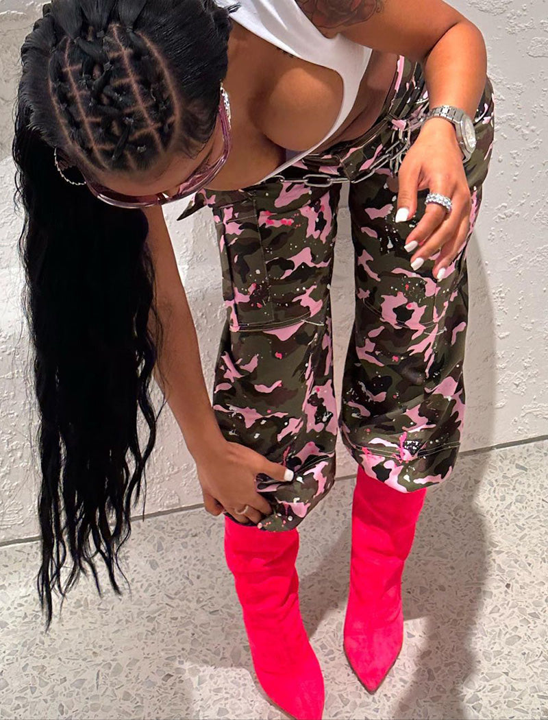 Camouflage Pattern High-Waisted Cargo Pants