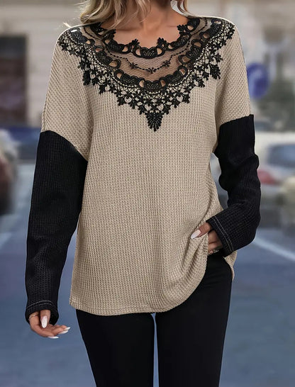 Lace-Panel Cutout Loose Long Sleeve Top