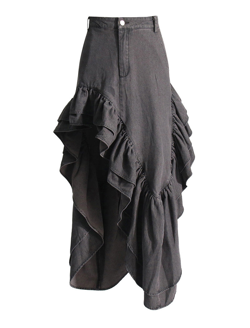 Asymmetrical Ruffle Split-Hem Maxi Skirt