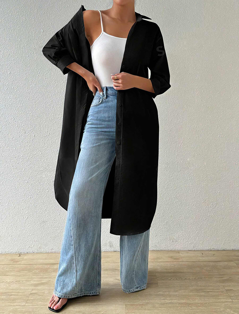 Solid Mid-Sleeve Long Cardigan Shirt