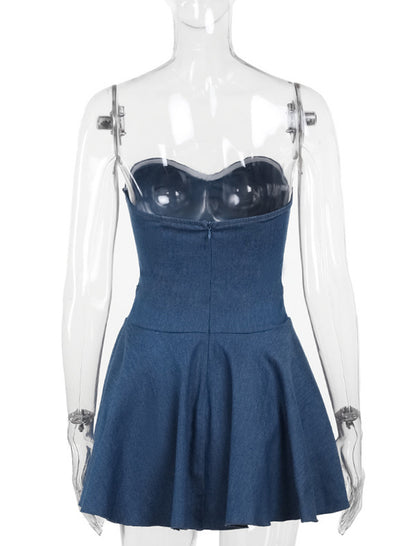 Flared Hem Strapless Denim Mini Dress