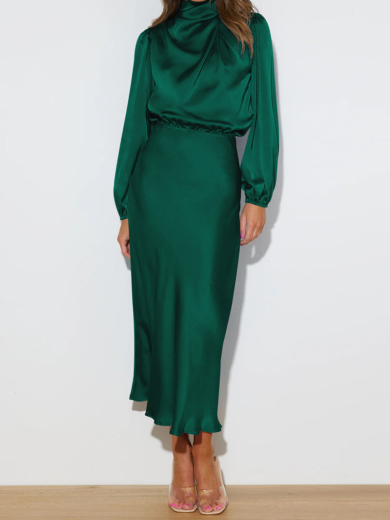 High-Neck Long-Sleeve Midi Dress