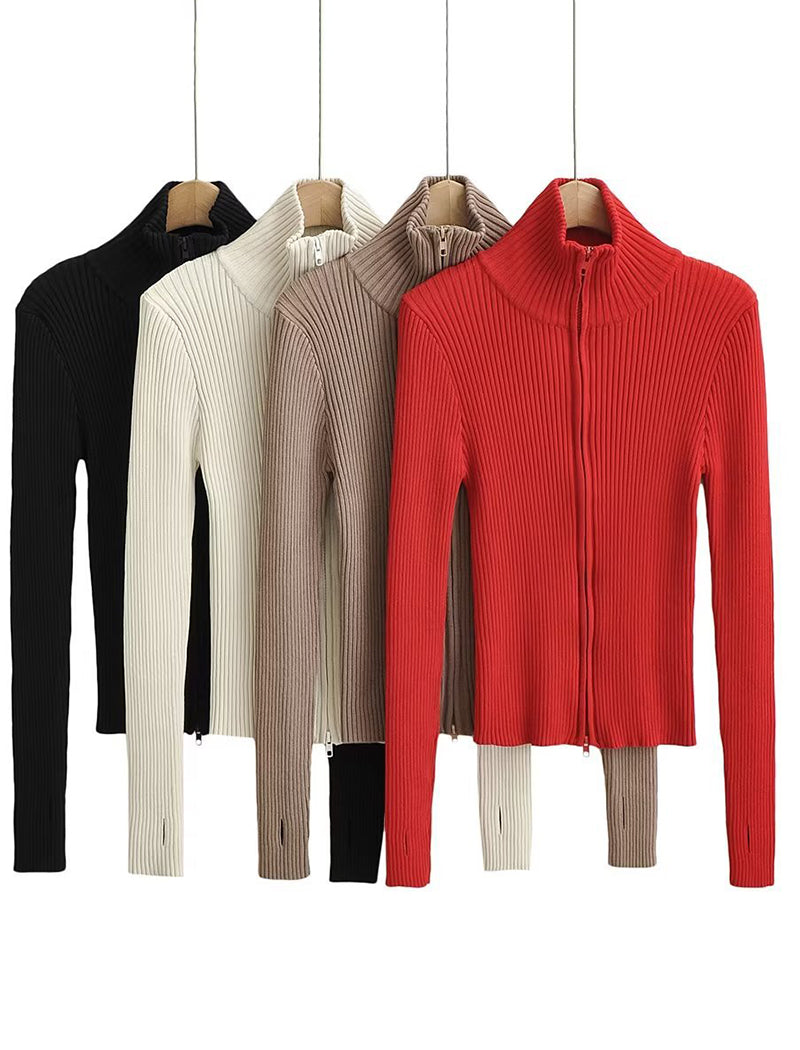 Ribbed Knit High-Neck Long-Sleeve Sweater