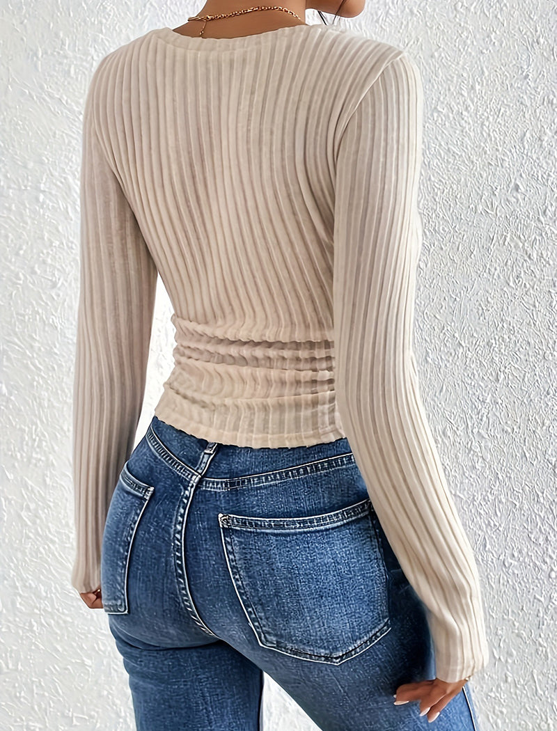 Ribbed V-Neck Long-Sleeve Top