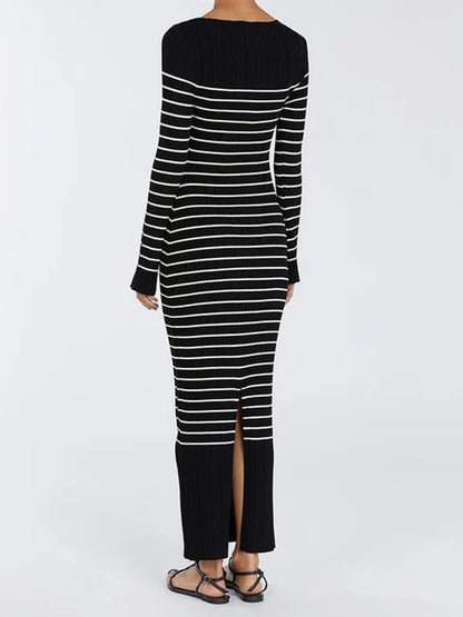 Striped Split-Hem Knit Dress