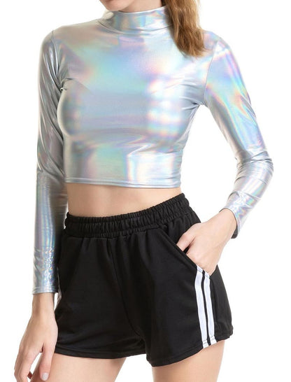 Shiny Mock Neck Long Sleeve Crop Top