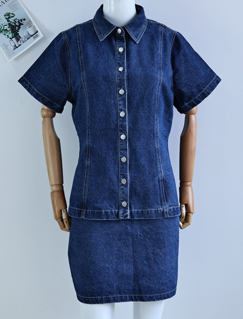 Button-Down Denim Top and Mini Skirt Set