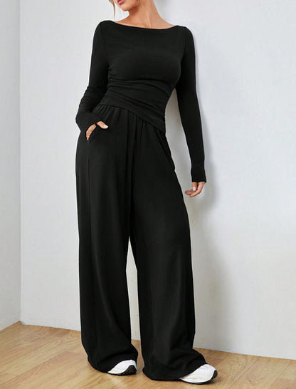 Fitted Long-Sleeve Top and Wide-Leg Pants Set