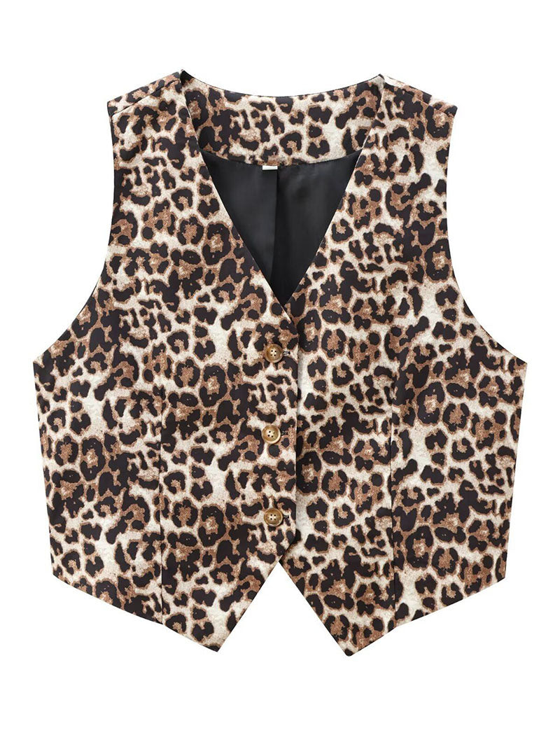 Leopard Print Button-Up Down Vest