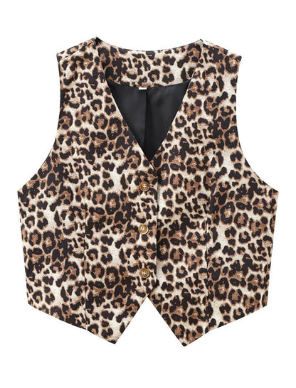 Leopard Print Button-Up Down Vest