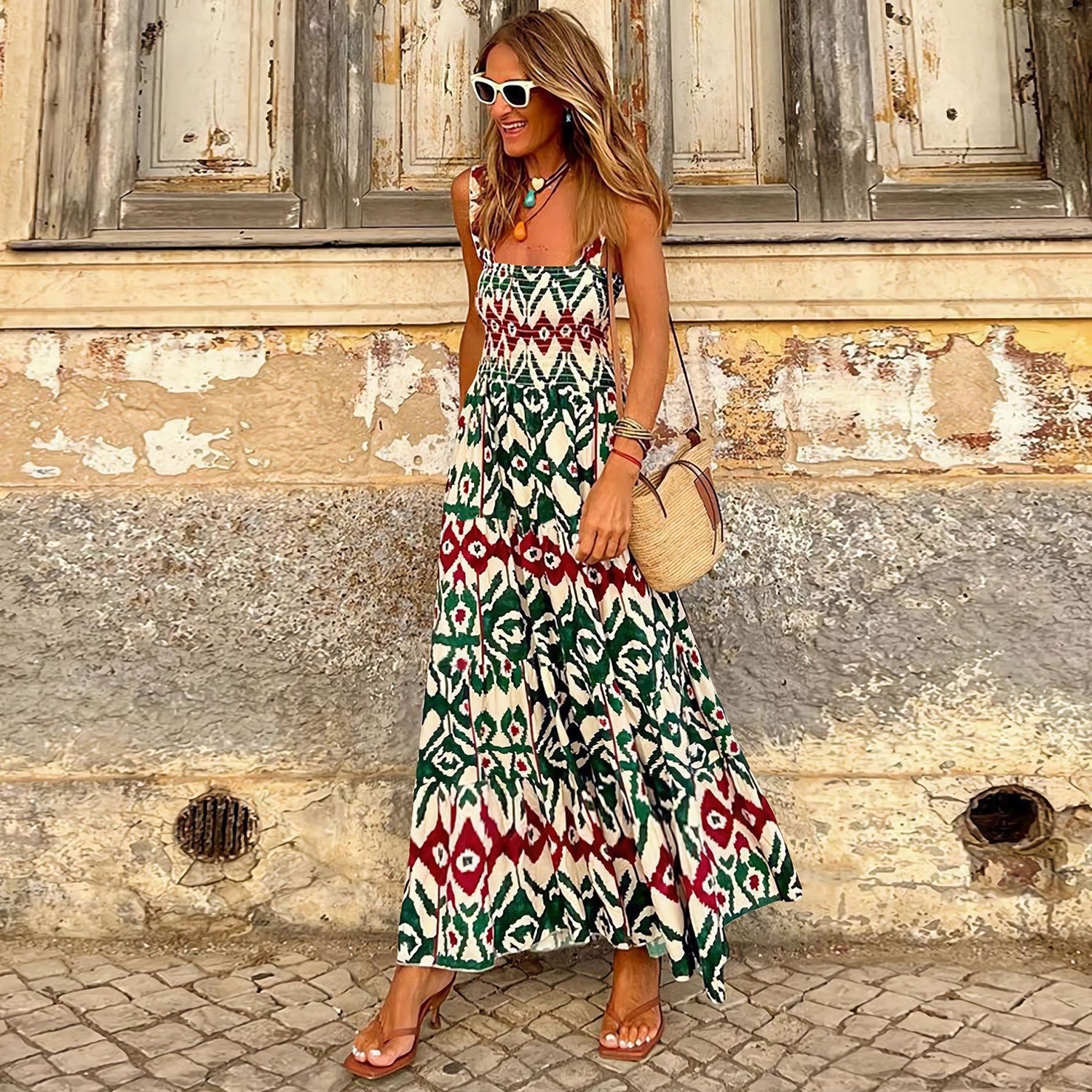 Abstract Print Tiered Maxi Dress