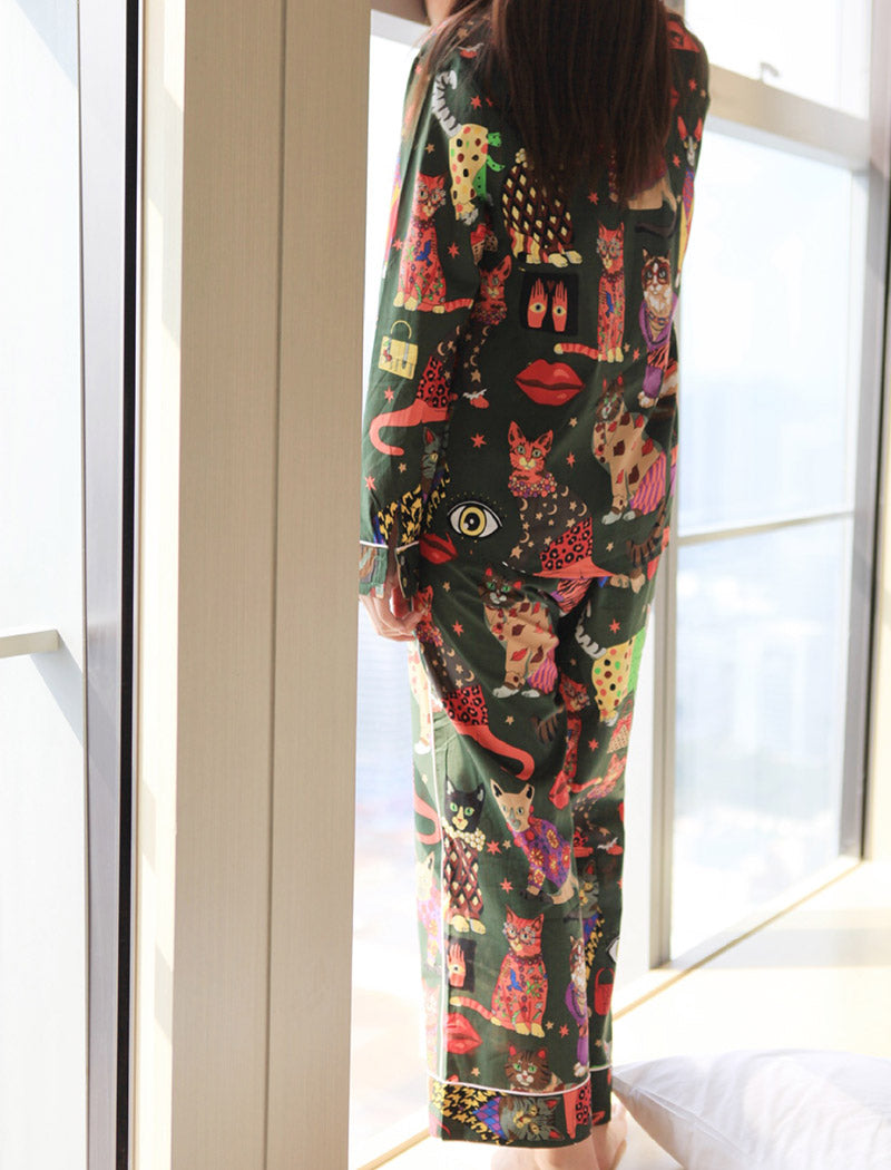 Cat Print Long-Sleeve Pajama Set