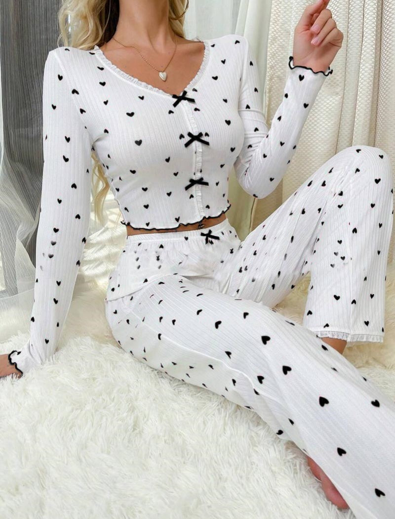 Rolled-Cuff Heart V-Neck Long Sleeve Pajama Set