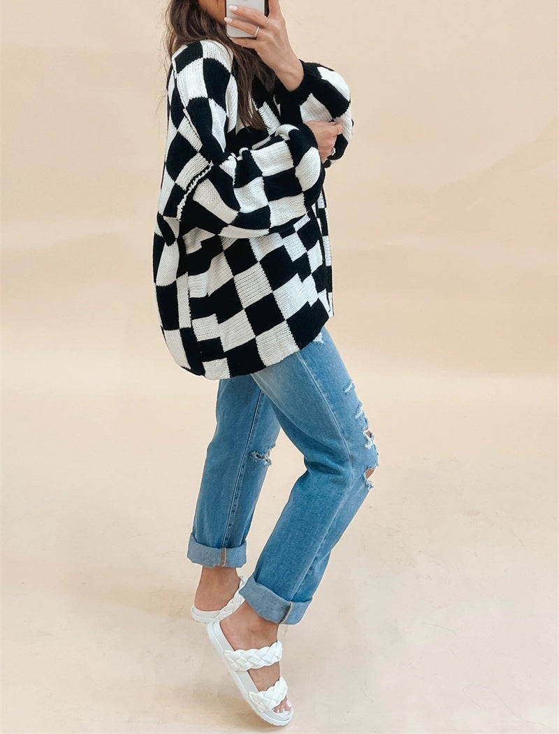 Checkered Open-Front Knit Cardigan