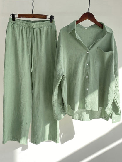 Solid Button-Up Shirt and Wide-Leg Pants Set