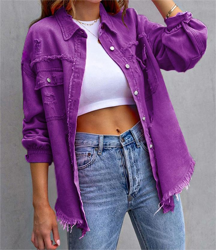 Solid Ripped Long Sleeve Denim Jacket