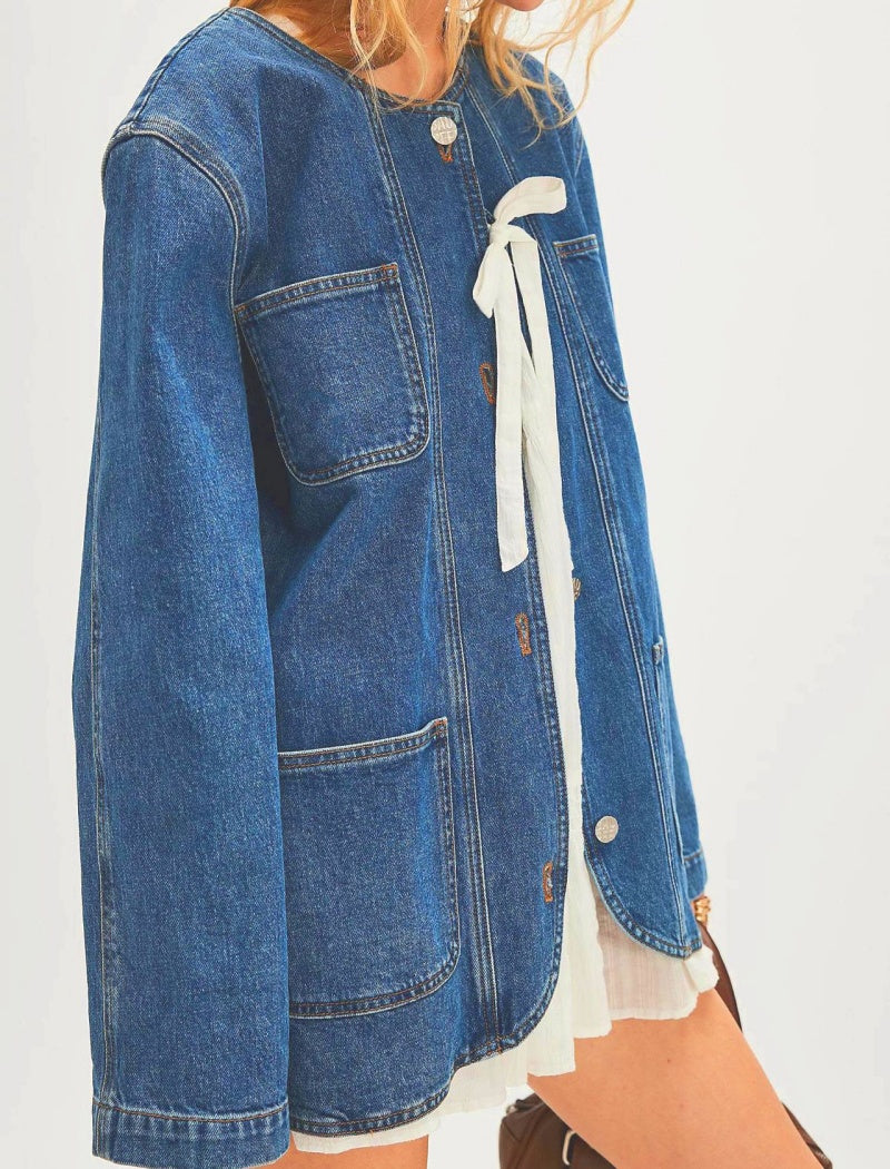 Tie-Front Denim Jacket with Patch Pockets