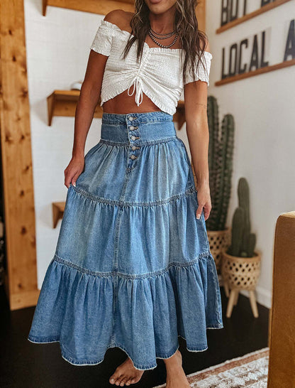 Bohemian A-line Layered Cake Denim Skirt