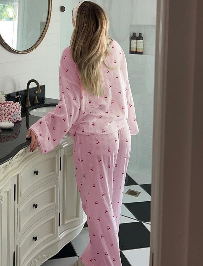 Cherry Print Button-Front Pajama Set