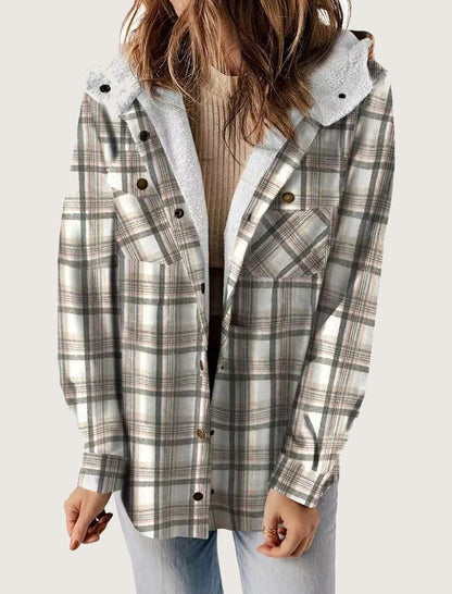 Hooded Plaid Shacket with Pocket Detail