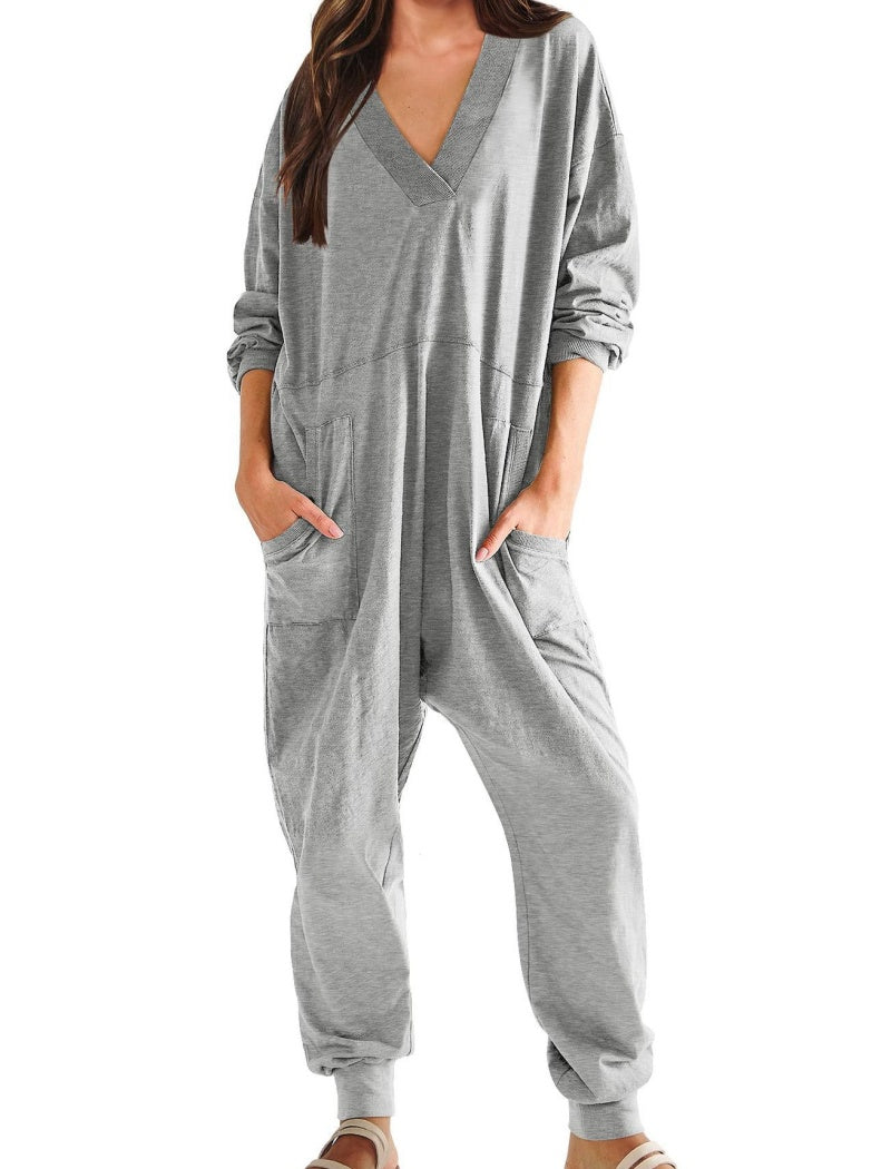 V-Neck Pockets Jumpsuit