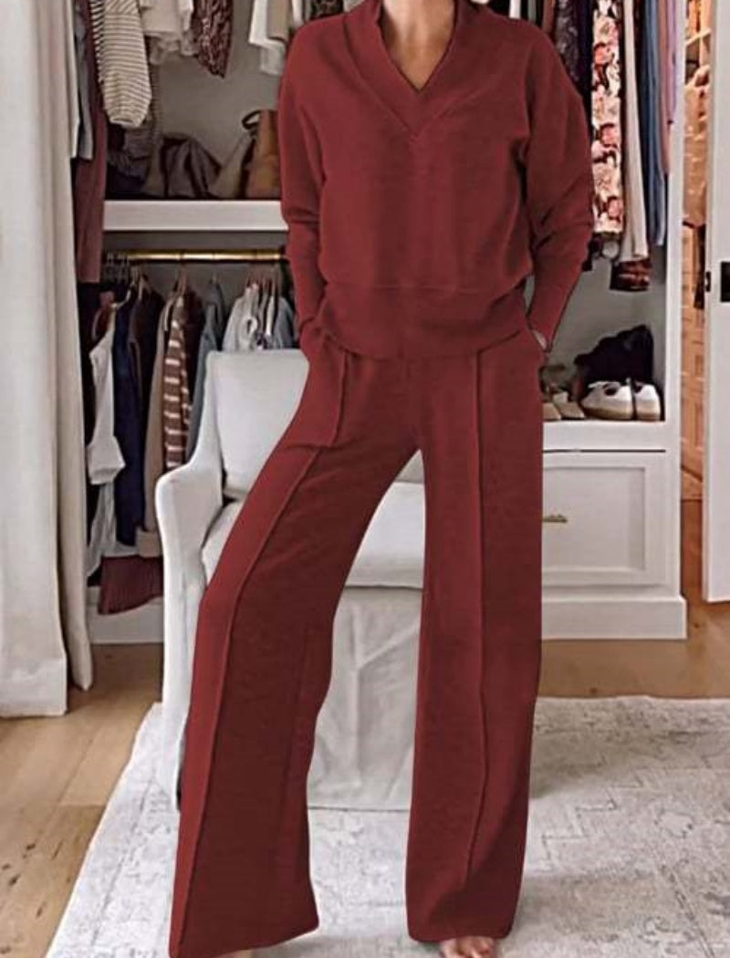 Ribbed Loungewear Set with Wide-Leg Pants