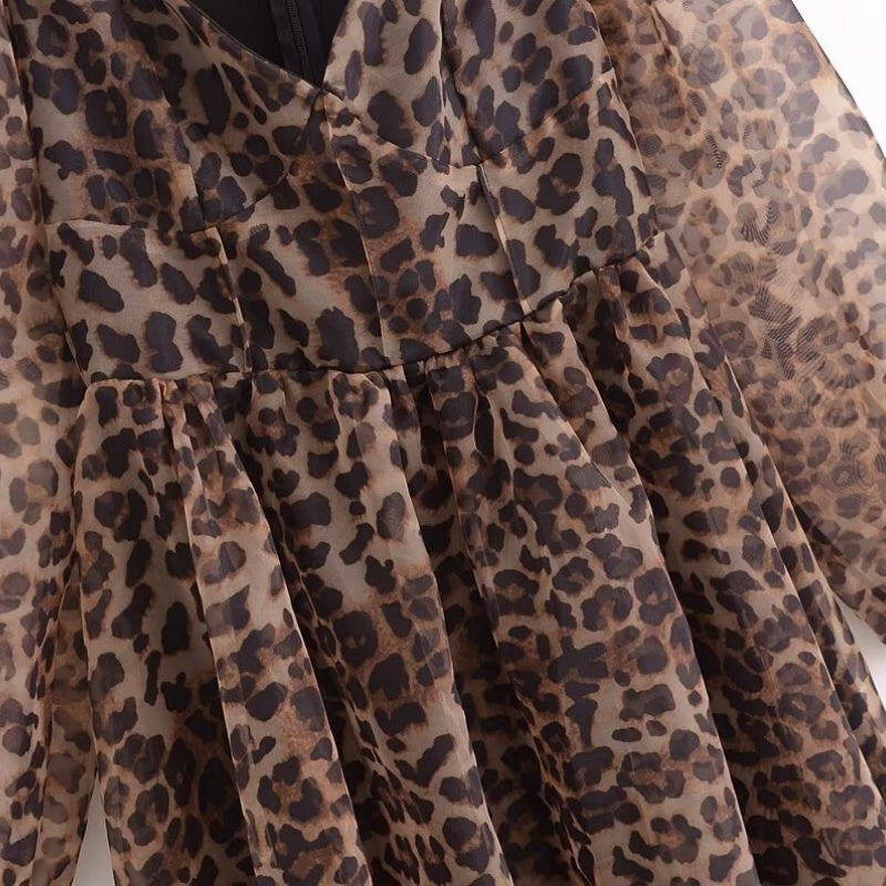 Animal Print Long Sleeve Puff Dress