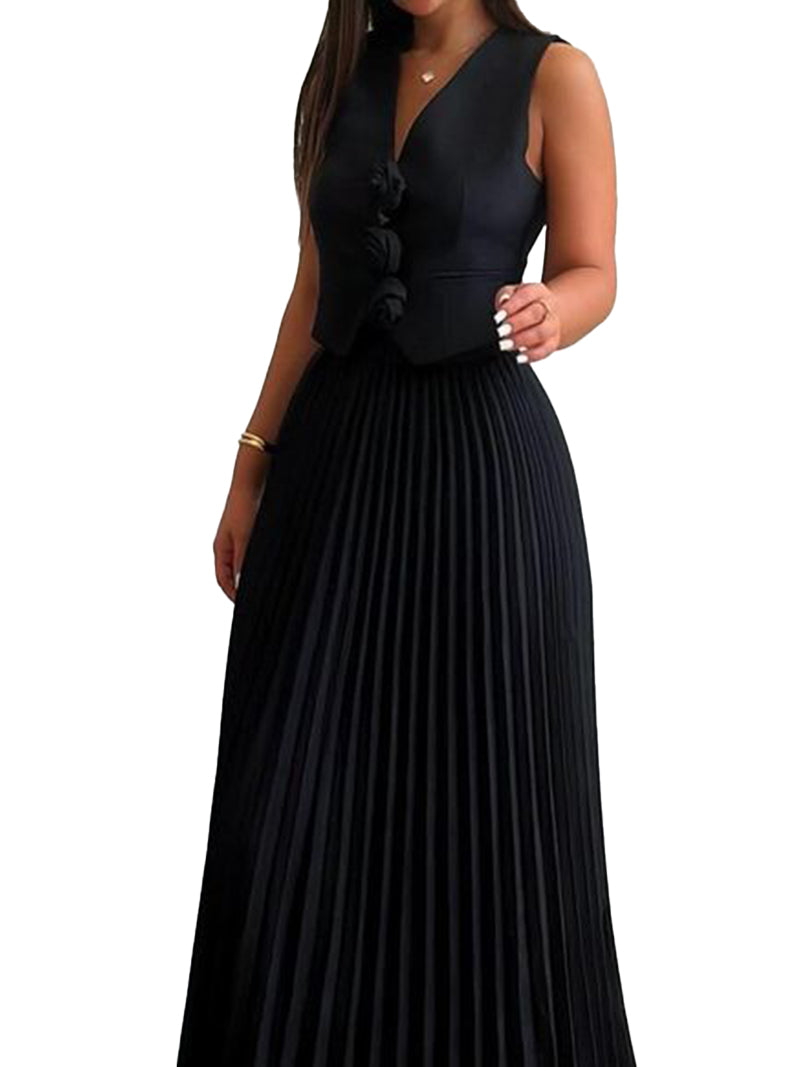 Rosette Vest and Pleated Maxi Skirt Set