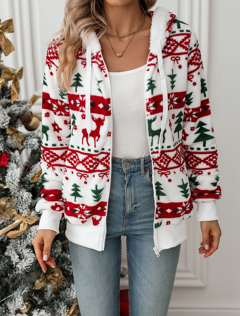 Festive Zip-Up Hooded Cardigan