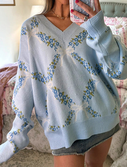 Jacquard Patchwork Long Sleeve Pullover Sweater