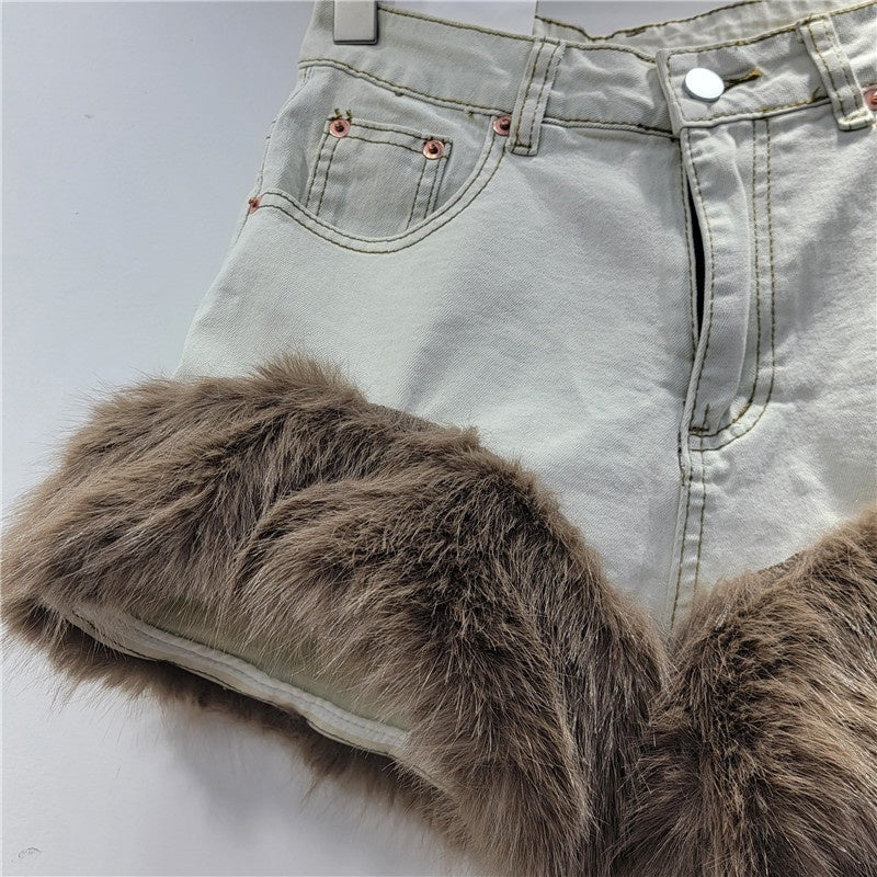 Faux Fur Trim High-Waisted Denim Shorts