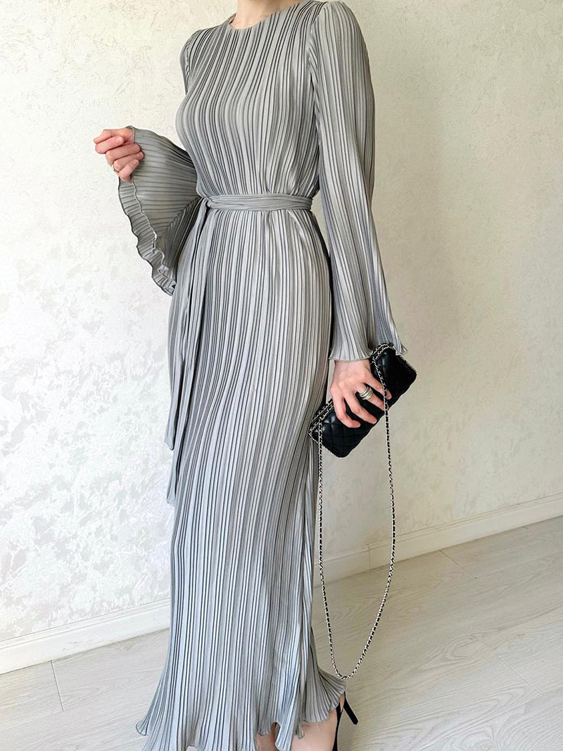 Pleated Long-Sleeve Maxi Dress