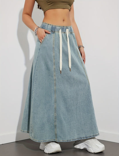 Drawstring Waist Denim Maxi Skirt