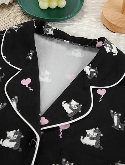 Satin Pajama Set with Cat Print