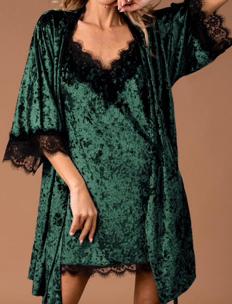 Velvet Lace Trim Robe and Nightgown Set