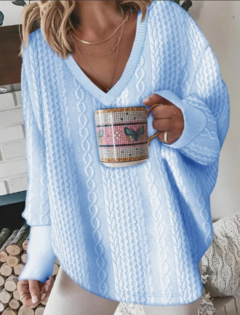 Oversized Cable-Knit V-Neck Sweater