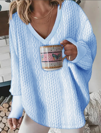 Oversized Cable-Knit V-Neck Sweater
