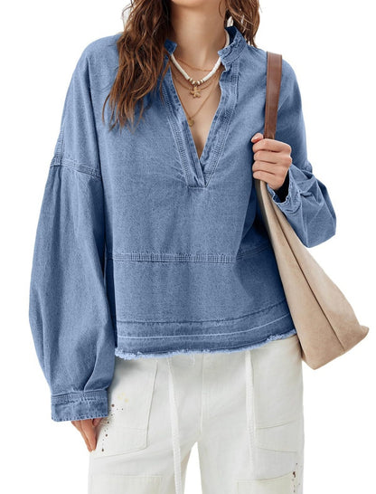 Distressed Hem Denim Pullover Top