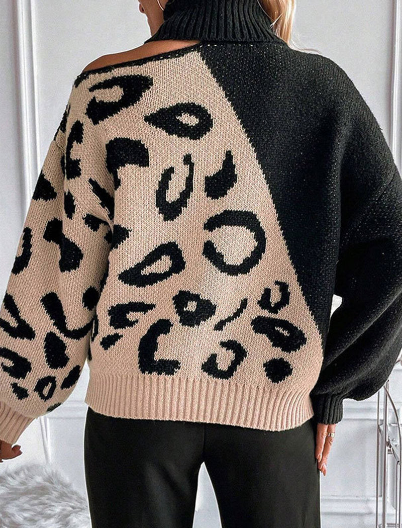 Leopard Patchwork High Neck Knit Pullover