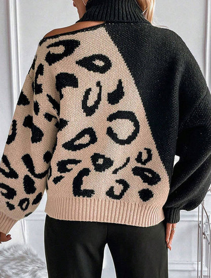Leopard Patchwork High Neck Knit Pullover