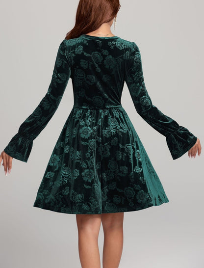 Floral Embossed Long Sleeve Fit-and-Flare Dress