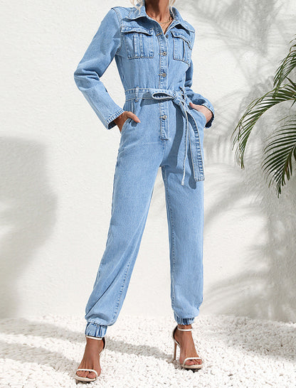 Belted Denim Jumpsuit with Pocket Details