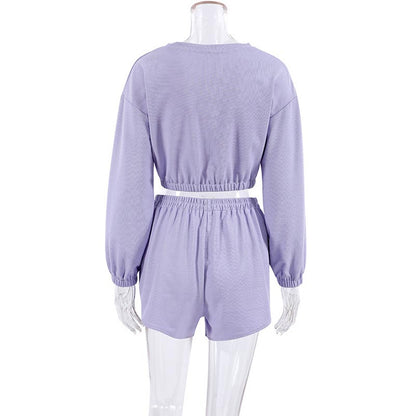 Knitted Long Sleeve Cropped Top and Shorts Pajama Set