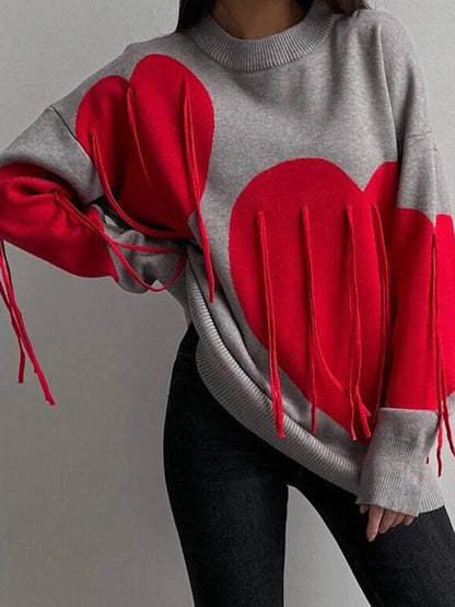 Heart Graphic Fringe Sweater