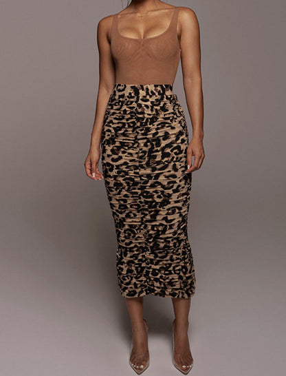 Leopard Print Ruched Maxi Skirt