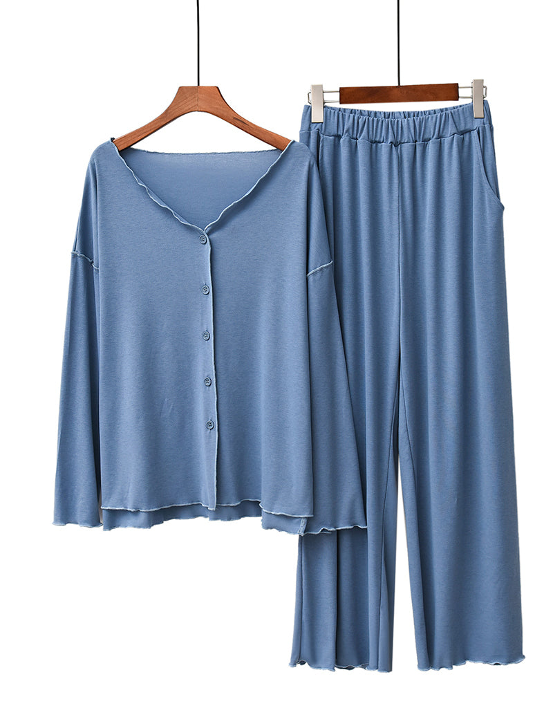 Long Sleeve Ruffle Trim Cardigan and Pants Loungewear Set