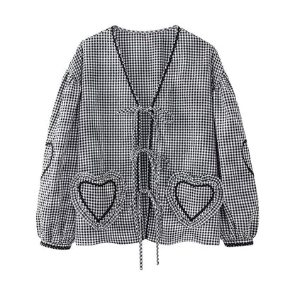 Gingham Heart-Pocket Cardigan