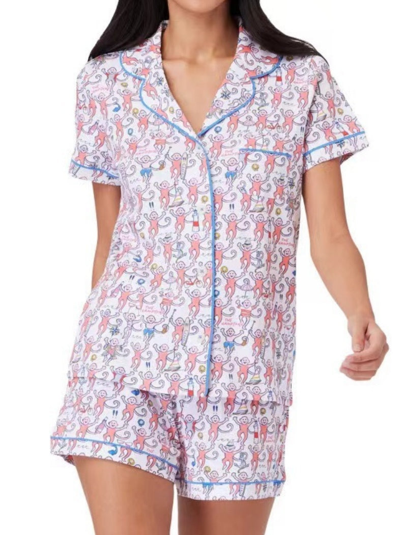 Printed Pajama Set with Contrast Piping