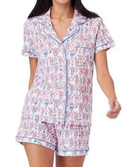 Printed Pajama Set with Contrast Piping
