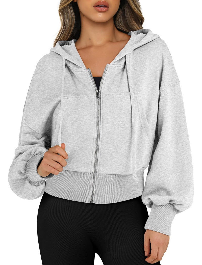 Cropped Zip-Up Hoodie with Elastic Cuffs